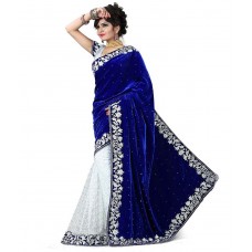 V-Art Women's Velvet & Net Saree (SABLUEVAL_Blue & white)